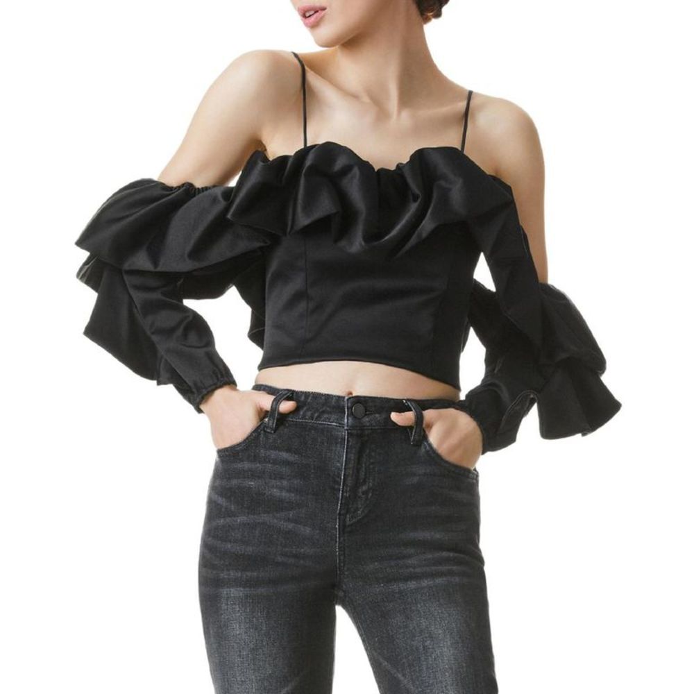 Alice + Olivia Womens Black Crop Top Flounce Blouse Evening NWT